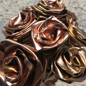 Yellow Gold w Rose Gold Dozen Flowers in a bouquet with natural stems and art signature handmade abstract roses that last