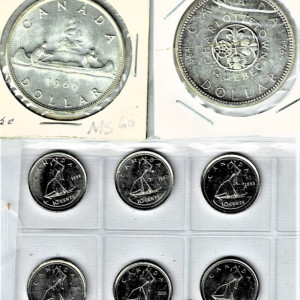 EXQUSITE PAIR OF  CANADAIN SILVER DOLLARS/6  FREE MINT CANADAIN DIME 1988-2000