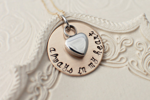 Always in my Heart - Personalized Cremation Urn Necklace - Hand Stamped Cremation Jewelry - Heart Urn Jewelry Memorial Jewelry - Loss