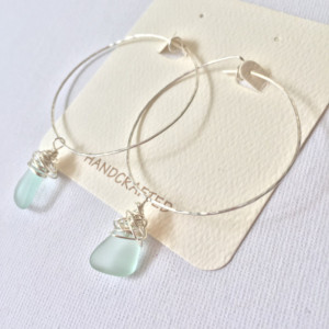 Sterling Silver 2-inch Hoops with Sterling Silver Crazy-Wrapped Blue Sea Glass, Genuine Hawaiian Sea Glass, Mermaid Tears