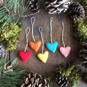 Felted wool heart ornaments, set of 5, Bright Rainbow, for Valentine's Day, Christmas ornament, rainbow ornament, mini rainbow ornament set