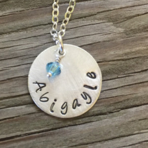 Hand stamped sterling silver personalized 3/4 inch pendant with birthstone crystal- Moms jewelry sterling silver cable chain