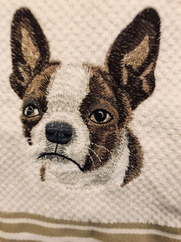 BOSTON TERRIER BROWN. Embroidered Kitchen Towel. A Great Boston Baby Towel For Your Home. Perfect All Occasion Gift. White~You Choose Stripe