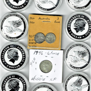 THE AUSSIE COLLECTION/10 WEDGETAIL EAGLE 999 SILVER TRIBUTE COINS & 3 CLASSIC 3-6 PENCE 1910-1946 925 PIECES 