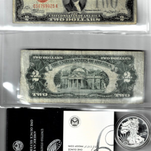 EXTREMELY RARE 2- 1928 D RED 2 DOLLAR NOTES W BONUS 2020SILVER EAGLE TRIBUTE/BOX & COA