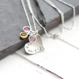 Hand Stamped Mother's Heart Initials Necklace in Sterling Silver