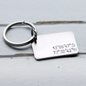 Stainless Steel Coordinates Hand Stamped Key Chain