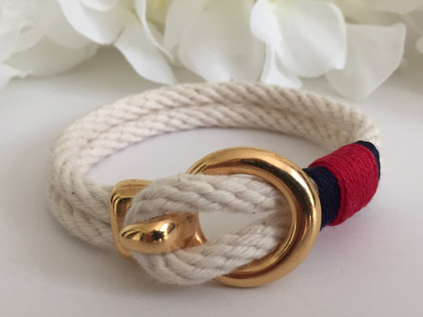 Natural White Rope Gold Open Hook Clasp Bracelet - Navy/Red