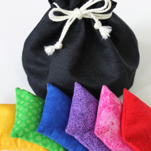 Denim & Black Flannel Bucket Bag with Rainbow Bean Bags (set of 6) Kids Toy Gift Set Red Yellow Blue Green Purple - US Shipping Included