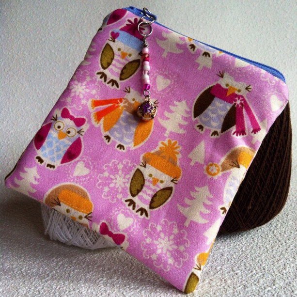 Little bundled owls square zipper pouch with beaded pull