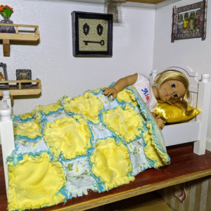 American Girl Doll Rag Quilt with Matching Pillows Handmade, Yellow, White, and Blue