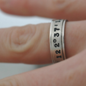 Hand Stamped Latitude and Longitude Spinner Ring in Sterling Silver - Coordinates Ring for Him or Her