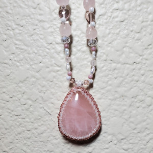 Necklace/Earrings Set - Rose Quartz in Glass Beaded Bezel, ID - 158