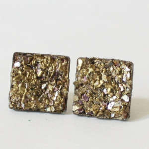 Simulated Pyrite Druzy Purple  and Gold Stud Earrings, Druzy Post Earrings  