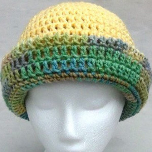 Winter Hat - Yellow and Variegated Hat - Reversible Head Wear - Rolled Brim Hat