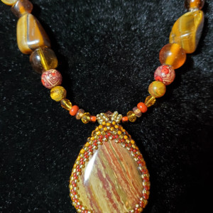 Necklace/Earrings - Striped Jasper Set in Glass Beaded Bezel, ID - 125