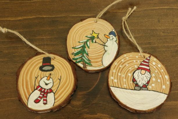 Hand Painted Wood Slice Christmas Ornaments Snowman Gnome