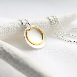 Sterling Silver Hammered Disc Necklace with Gold Ring