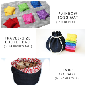 Denim & Black Flannel Bucket Bag with Rainbow Bean Bags (set of 6) Kids Toy Gift Set Red Yellow Blue Green Purple - US Shipping Included