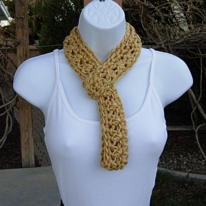 SUMMER SCARF Small Infinity Loop Solid Soft Gold Yellow, Crochet Knit Endless Circle Skinny Narrow Lightweight Cowl, Ready to Ship in 2 Days