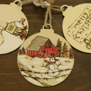 Wooden Christmas Ornaments Wood Burned and Painted