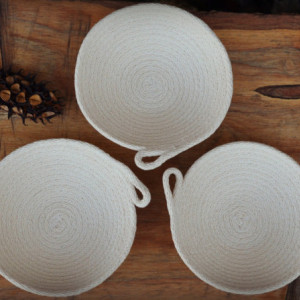set of 3 small natural white coiled rope baskets, altar bowls