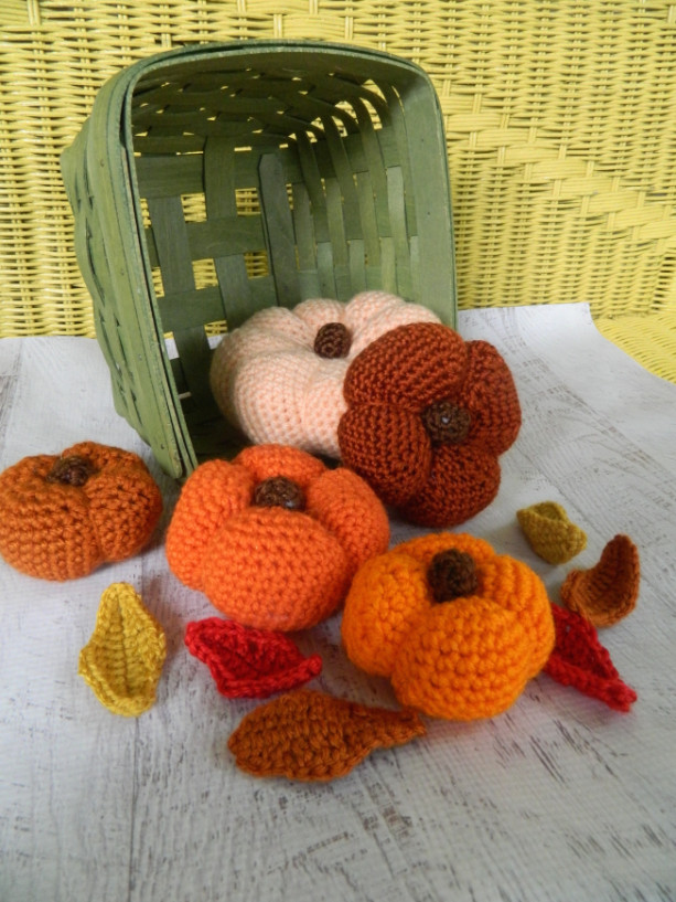 Crocheted Autumn Rustic Pumpkins and Fall Leaves for Mantle Decorating,Centerpiece, or Beautiful Thanksgiving Decor