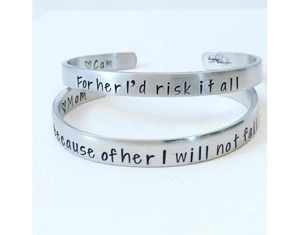 Mother Daughter Jewelry - Cuff Bracelets - Hand Stamped Jewelry - Cuff Bracelet - For her I'd risk it all, Because of her I will not Fall