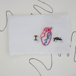 Embroidered Anatomical Heart Gift Handkerchief I Love You Hankie Valentines Day Gift Anniversary Present by wrenbirdarts