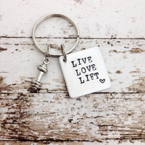 Live Love Lift, Weightlifting keychain, Hand stamped keychain, Barbell keychain, Fitness keychain, Fitness jewelry,