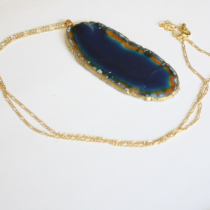 Beautiful Gilded "Lake of Death" Amber Cerulean Agate Slice Large Geode Necklace. 
