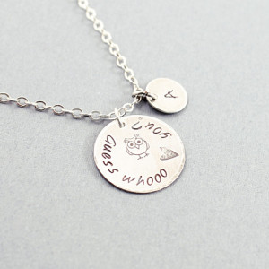 Love message necklace, custom engraved necklace with an owl, sterling silver, initial charm