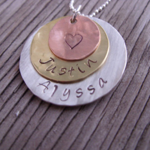 Hand stamped pendant-sterling silver, brass and copper personalized charms mommy jewelry