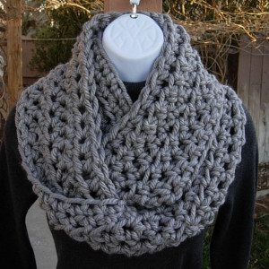 INFINITY SCARF Cowl Loop Light Solid Grey Gray 100% Soft Bulky Acrylic Thick Crochet Knit Winter Eternity Circle..Ready to Ship in 3 Days