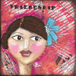 TINY TREASURE: Mixed Media Mini Acrylic Mixed Media Painting on Small Canvas with the word "Friendship". Birthday Gift or Stocking Stuffer!