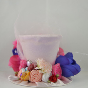Handmade Tiny Top Hat- Light pink satiny tiny top hat- Garden mini top hat- Tiny top hat with flowers- FREE SHIPPING