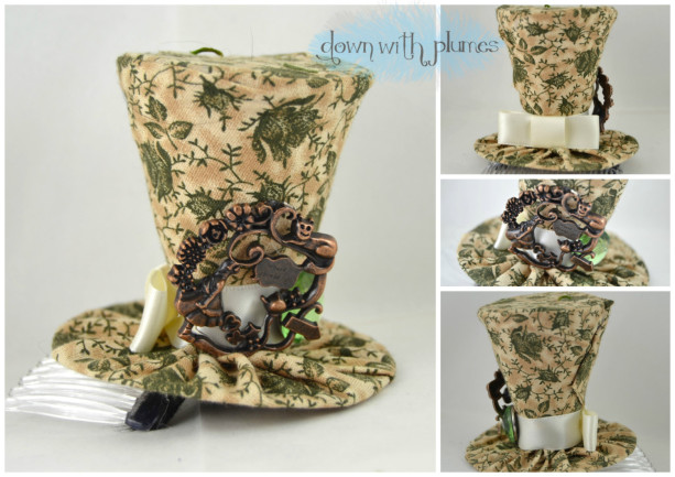 Tiny Top Hat- Tan mini top hat with green floral print- Alice in Wonderland themed hat- FREE SHIPPING- Handmade tiny top hat