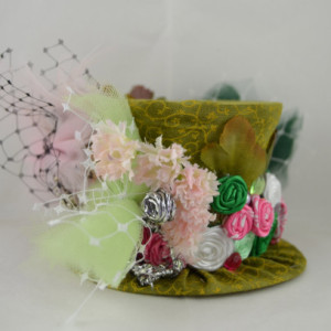 One of a Kind Mini Top Hat- Hide and Peek Fairy Hat- Handmade hat, rosettes and fairies on pins, headband or comb