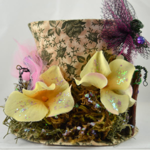 One of a Kind Mini Top Hat- Spring Fairy Hat- Handmade hat, rosettes and fairies on pins, headband or comb