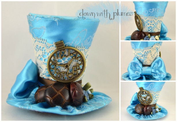 Tiny Top Hat- FREE SHIPPING-Mini top hat- Light blue tiny top hat- Tiny top hat with clock- Chocolate brown accents and vintage lace