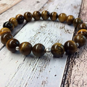 Mens tiger eye sterling silver bracelet, brown metallic chunky, nature inspired, boho, tribal, summer jewellery, gift for him gift for dad