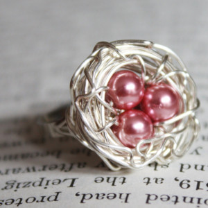 Sterling Silver Wire Wrapped Nest Adjustable Ring in Pink Mother, New Mom, Nature Inspired Wedding, Bridesmaid Jewelry