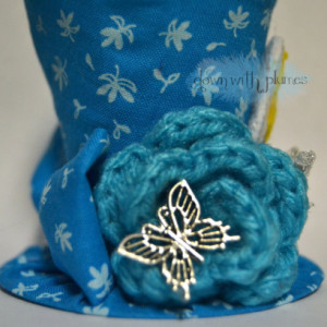 Handmade Teeny Tiny Top Hat, FREE SHIPPING, Tinkerbell inspired tiny top hat, Blue floral hat with crocheted rose and butterfly