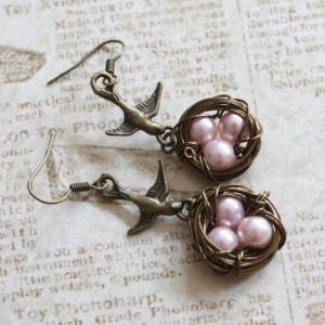 Swooping Sparrow Birds Antique Brass Earrings With Pink Pearl Wire Wrapped Nest, Nature inspired, Wedding, Bridal, Mother