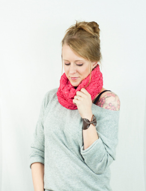 Coral Pink Ruched Cowl Infinity Scarf