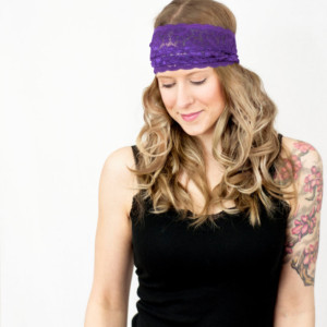 Wide Purple Lace Headband, Royal Purple Aubergine Hair Band, Stretchy Hair Accessory, Yoga Crossfit Head Band