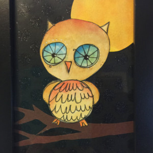 Whimsical Mixed Media Owl Collage in Thick Black Frame Done in Watercolor. Excellent Gift for Neighbors, Friend, Co-Worker, Teacher or Dad