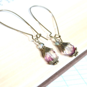 Dainty Antique Style Earrings with Fuchsia Czech Glass Beads, NeoVictorian, Old World, Romantic