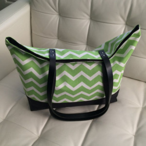 Large Tote Bag /// Green and White Chevron with Black Canvas Bottom and Black Buffalo Leather Straps