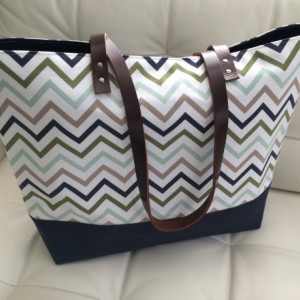 Large Tote Bag /// Multi-Colored Chevron with Navy Canvas Bottom and Brown Buffalo Leather Straps